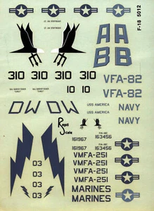 REPLISCALE DECALS 5012 F/A-18 HORNET VFA-82 USN VMFA-251 USMC WARRIORS CV-66 - Picture 1 of 2