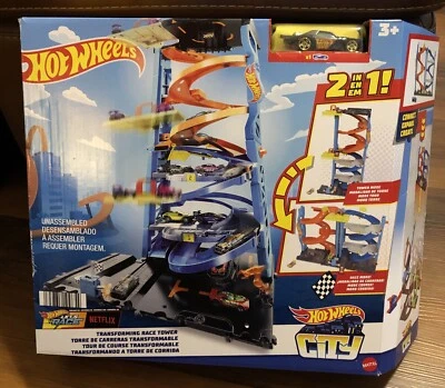 Hot Wheels City Transforming Race Tower 2 In 1 Raceway Track Set 1 Car NEW - Image 1 of 4