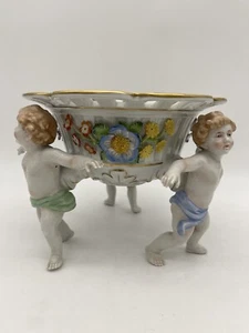 EUC ANTIQUE Von Schierholz 3 Cherubs PORCELAIN Compote HAND PAINTED - Picture 1 of 11