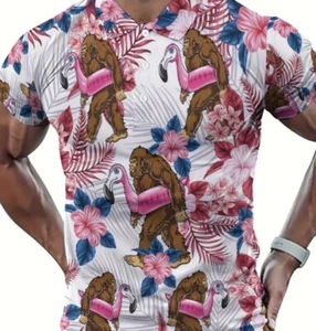 Bigfoot Sasquatch Golf Shirt Mens 2XL Polo Shirt Flamingo Floaty Funny White New - Picture 1 of 13