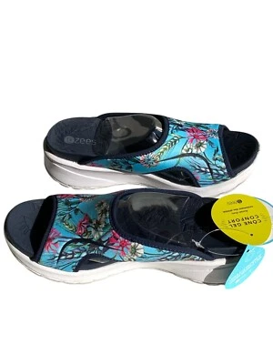 NUEVO EN CAJA Sandalias sin cordones Bzees para mujer Gigi 22 azules florales punta abierta talla 7 W Foto 1 de 4
