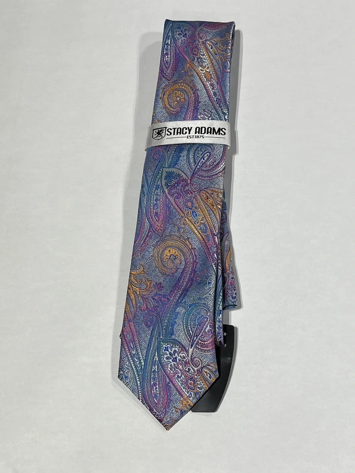 男式 Stacy Adams 紫色佩斯利图案领带匹配口袋方形新品 — 第 1/3 张图片