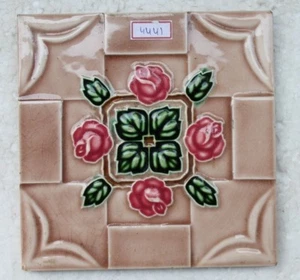 VINTAGE TILE ART NOUVEAU MAJOLICA PINK FLOWER DESIGN ARCHITECTURE TILE NH4441 - Picture 1 of 7