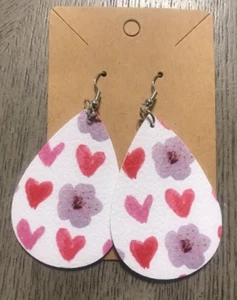 Pink Purple White Hearts Teardrop Faux Leather Silver Hardware Earrings USA - Picture 1 of 2