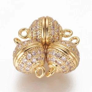 5 Round Golden Brass Micro Pave Cubic Zirconia Magnetic Clasps with Loops 13.5mm - Picture 1 of 2