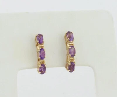 10k Yellow Gold Natural Amethyst Earrings Half Hoop 3/4" x 1/8" - Image 1 of 4
