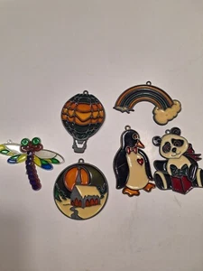 Suncatcher Lot 6 VINTAGE LEADED Stained Glass Dragonfly Panda Penguin Church - Picture 1 of 8