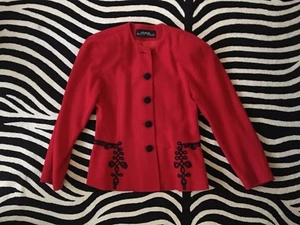 BEAUTIFUL VINTAGE ELLEN TRACY RED CREPE COLLARLESS JACKET WITH BLACK SOUTACHE - Picture 1 of 6