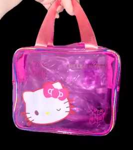 Sanrio Hello Kitty Transparent Vinyl Bag Clear Neon Pink Travel Case Makeup Bag - Picture 1 of 21