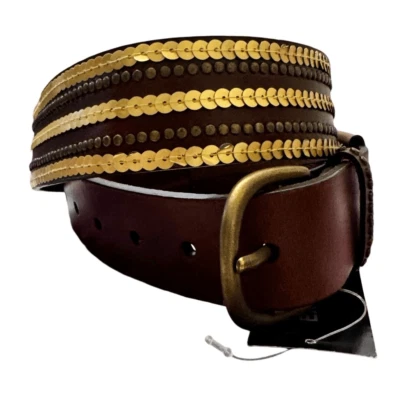 Express Brown Leather Belt Gold Sequins Bronze Studded Vintage NEW Size Small - Image 1 of 4
