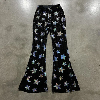 Pantalones Pantalón Cintura Alta Lentejuelas Estrella Luna Acampanado Negro Plata Talla Pequeña Foto 1 de 4