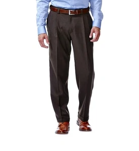 42 X 30 Haggar Men's Brown ECLO Stria Classic Fit  DoublePleated Dress Pants NWT - Picture 1 of 7