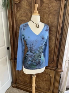 Appropriate Behavior V-neck Shirt Blue Watercolor Long Sleeve SZ M Garden Whimsy - Picture 1 of 8