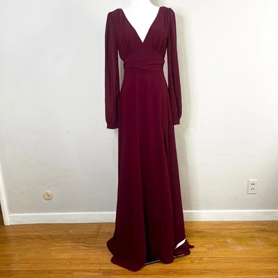 Lulus All My Life Burgundy Long Sleeve Deep V Neck Maxi Dress Size Small - Image 1 of 4