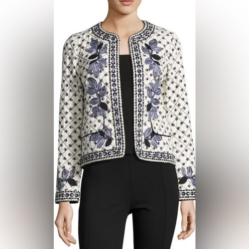 Giacca Tory Burch Trapuntata Tilda Ricamata Stampa Pesce Giacca Fronte Aperto Avorio 0