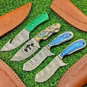 Lot of 4 PC Damascus Steel Knife, mix Hunting knfe, Skinner knife, w/Sheath 521 - Picture 1 of 8