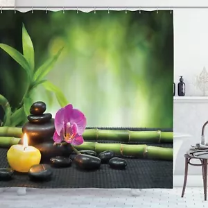 ABAKUHAUS Spa Shower Curtain, Orchid Bamboo Stems Chakra Stones Apple Green Fuch - Picture 1 of 3