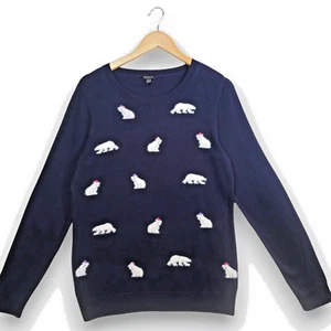 Talbots Navy Blue Sweater Holiday Christmas Fuzzy Polar Bear Medium Embroidered - Picture 1 of 8