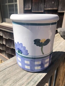 Vintage CALECA Pottery Italy white blue plaid flowers utensil holder kitchen - Picture 1 of 7