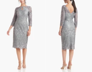 JS COLLECTIONS Steel Gray Embroidered Mesh Sheer Yoke 3/4 Sleeve Dress 16 = XL - Picture 1 of 3