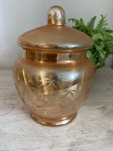 Vintage bohemian Glass Iridescent gold Lidded Pot Etched with bamboo - Picture 1 of 11