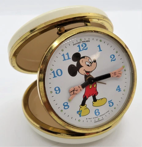 MICKEY MOUSE, Phinney-Walker, German, Manual Wind TRAVEL ALARM CLOCK,N-Mint 158 Cover