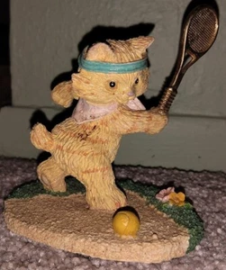 vtg Enesco Cat Figure Playing tennis  gold color racket yellow kitty ceramic - Picture 1 of 5