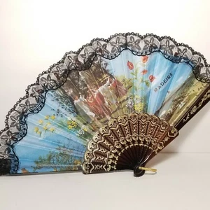 Handfächer Madeira Mexiko Spitzeneinfassung Goldgravur Blumenmuster - Bild 1 von 9