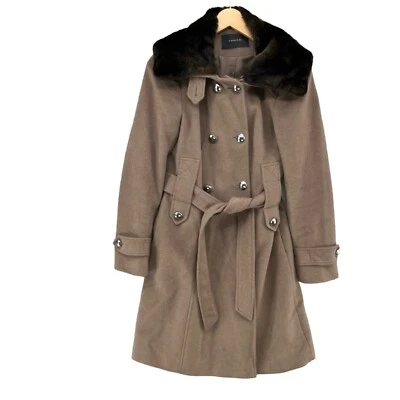 Abrigo Tahari Phoebe Mujer Marrón Visón Doble Pecho Lana Imitación Piel Cinturón Talla 6 Foto 1 de 4