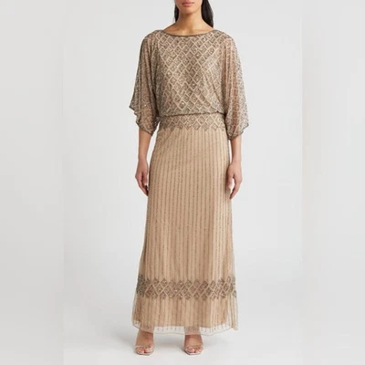 Vestido Pisarro Nights padrão miçangas diamante gola barco manga dividida 3/4 rosa tamanho 4 - Imagem 1 de 4