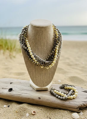 Juego de collar y pulsera Premier Designs perlas, cuentas, cadena 6 hilos blanco roto Foto 1 de 4