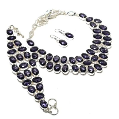 African Amethyst Oval Shape Gemstone Handmade Fashion Gift Jewelry Necklace Set - Image 1 of 4