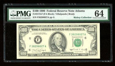 DBR 1990 $100 FRN Atlanta Fr. 2173-F PMG 64 Serial F38298027A - Image 1 of 2