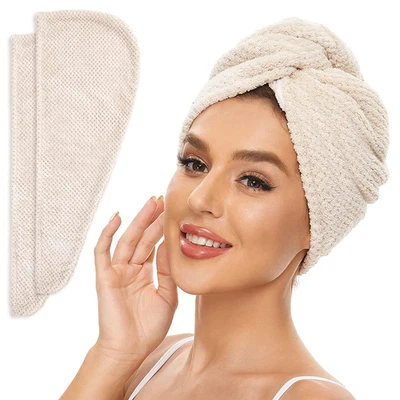 Paquete de 2 envolturas de toallas para cabello de microfibra, turbantes absorbentes ligeros para el cabello (beige) Foto 1 de 4