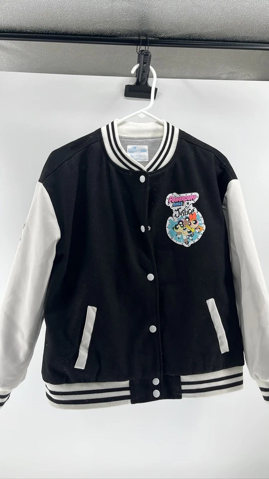 Chaqueta Universitaria Powerpuff Girls Justice Juvenil XL Negra Blanca Bombardero Dibujos Animados Foto 1 de 4
