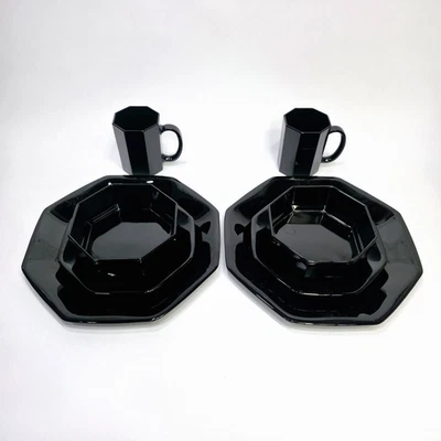 (2) Vintage 4 Piece Place Settings Arcoroc Octime Black Glass Dinnerware. France - Image 1 of 4