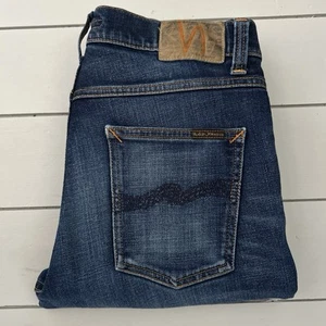 Pantalones de mezclilla para hombre NUDIE azules W30 L32 / W32 L30 Lean Dean de algodón oscuro profundo con cremallera - Imagen 1 de 24