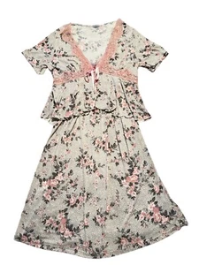 D'Nite Nursing Gown & Peplum Jacket M Pink Gray Baby Breastfeeding Cottage Chic - Picture 1 of 10