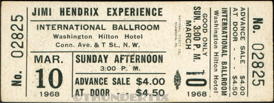 1 1968 JIMI HENDRIX VINTAGE UNUSED FULL TICKET WASHINGTON D.C. laminated reprint - Image 1 of 1