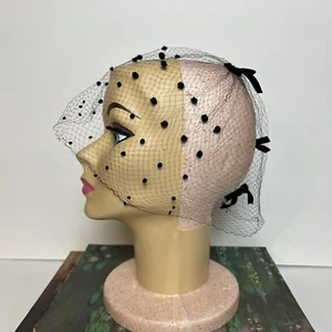 Vintage Black Birdcage Veil Velvet Polka Bots & Bows Womens Headpiece Fascinator - Picture 1 of 8