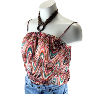 No Boundaries Y2k Halter Top Women 2XL Geo Print Ruched Hem Boho Spaghetti Strap - Image 1 of 4