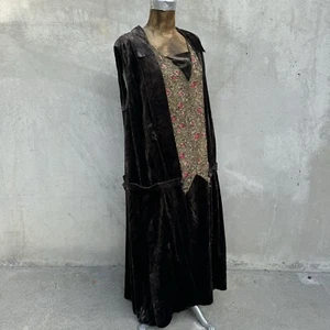 Antique 1920s Brown Silk Velvet Dress Gold Metallic Embroidery Roses Weights VTG - Picture 1 of 19