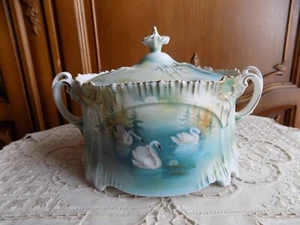 Antique RS Prussia Bisquit Jar with swans and water lilies- Icicle Mold - Picture 1 of 10