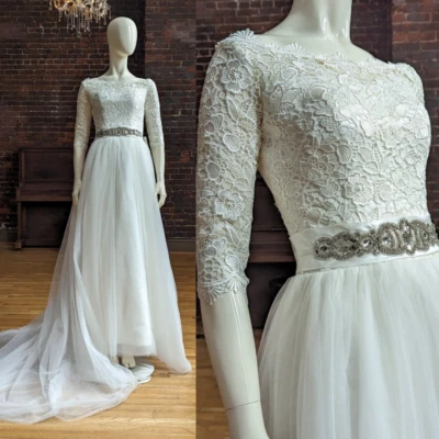 NWT TIME Wedding Dress 60's-style White Gown Lace Sequin Train ¾" Sleeve - Image 1 of 4