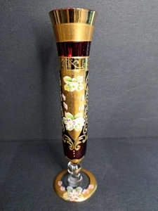 Rubinrote Knospenvase viktorianisches Glas Seyei 6 Zoll hoch handbemalt Gold mit Blumen - Bild 1 von 10