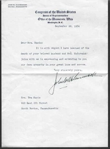 US 1954 AUTOGRAPH OF JOHN W. MCCORMACK MAJORITY LEADER OF THE CONGRESS LETTER - Picture 1 of 2