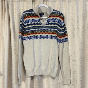 Chaps Men's Medium Long Sleeve Snowflake Button Mock Neck Sweater White Cotton - Picture 1 of 4