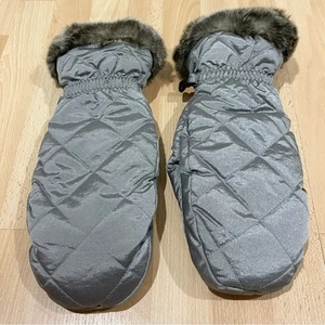 Eddie Bauer Gray Quilted Mittens with Faux Fur Trim Goose Down Insulation - Picture 1 of 6