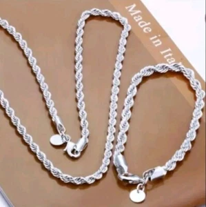 925 Sterling Silver 4mm Chain Twisted Rope Necklace And Bracelet Free Shipping - Picture 1 of 5
