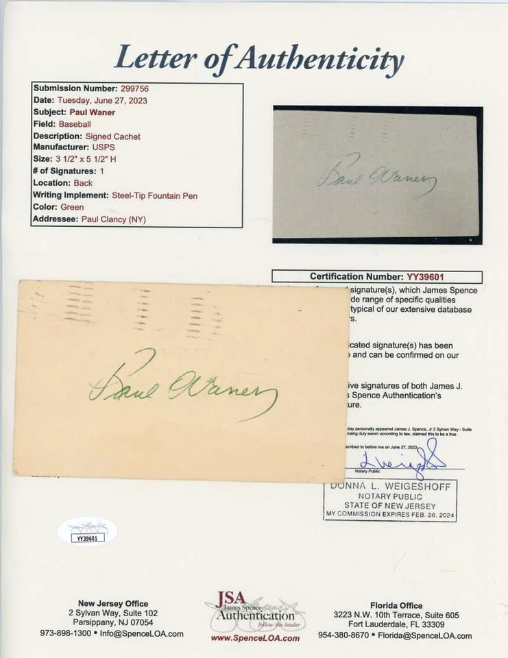 Paul Waner JSA Coa Signed Government Postcard GPC Autograph - Image 1 of 1